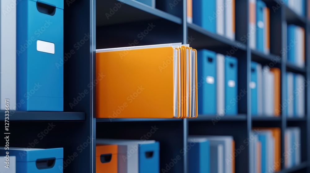 Poster a modern storage shelf containing colorful file boxes and neatly arranged folders, showcasing an org