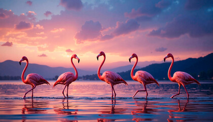 Fototapeta premium Group of five flamingos wading through water against a colorful twilight sky