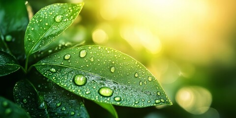 Fototapeta premium Dew Drops on Green Plant in Sunlight, Generative AI
