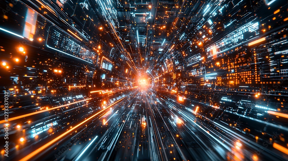 Poster data center passage with glowing signals for servers, use for technology background