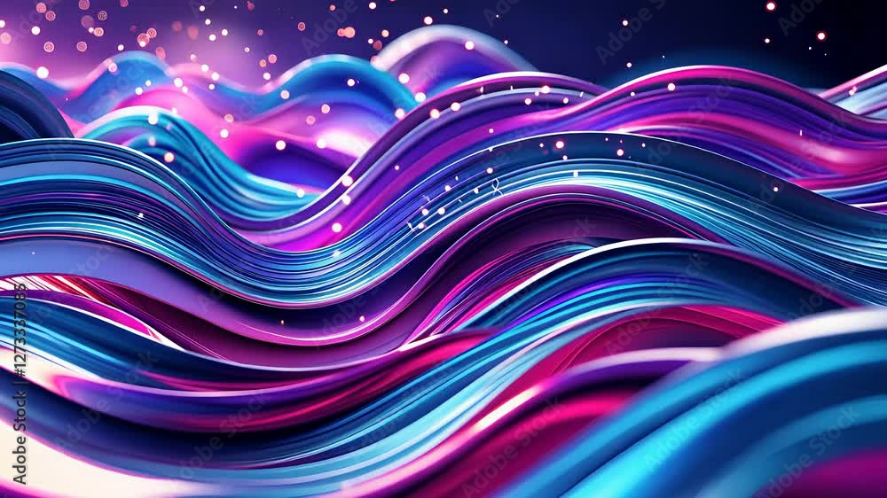 Poster abstract colorful waves with glossy metallic texture and glowing particles in a futuristic digital 3