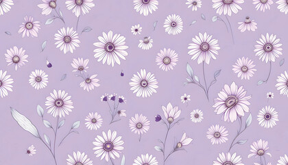 Floral background pattern featuring pastel purple daisies and delicate blossoms for decorative design