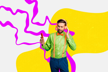 Composite artwork 3d image collage of happy man wear formal shirt suspenders bow-tie listen music...
