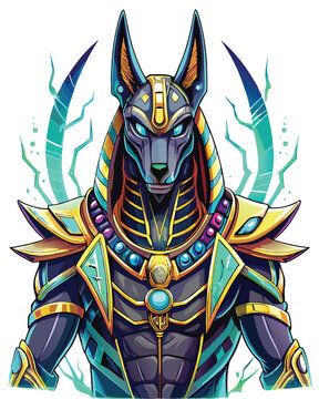 recommend clip art: Hand-drawn illustration of Anubis, the Egyptian god, augmented with sleek, cybernetic armor; detailed, intricate design.