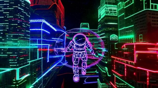psychedelic sketch cartoon astronaut in the city. Crazy colorful background.