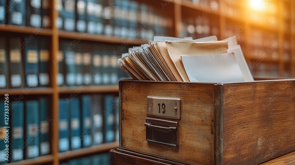 Poster a wooden box filled with documents sits in front of a background of neatly organized files in a libr