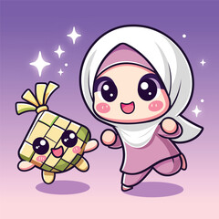 Cute Muslim Girl and Ketupat Kawaii Illustration