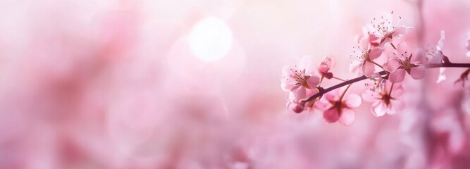 Obraz premium Pink cherry flowers on pink blurred backgrond. Amazing close-up of spring blossom. Perfect romantic lovely scene arousing happiness. Business advertisement materials. with copy space