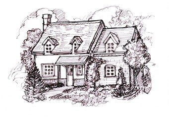 Obraz premium Black and white hand drawn sketch of a typical style English country cottage on a white background.