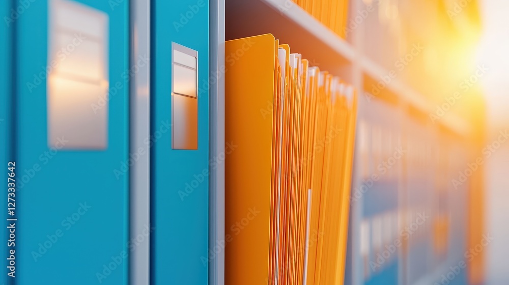Aufkleber a close-up view of organized file folders in colorful binders on a shelf, illuminated by warm sunlig