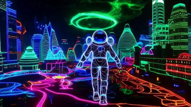 psychedelic sketch cartoon astronaut in the city. Crazy colorful background.