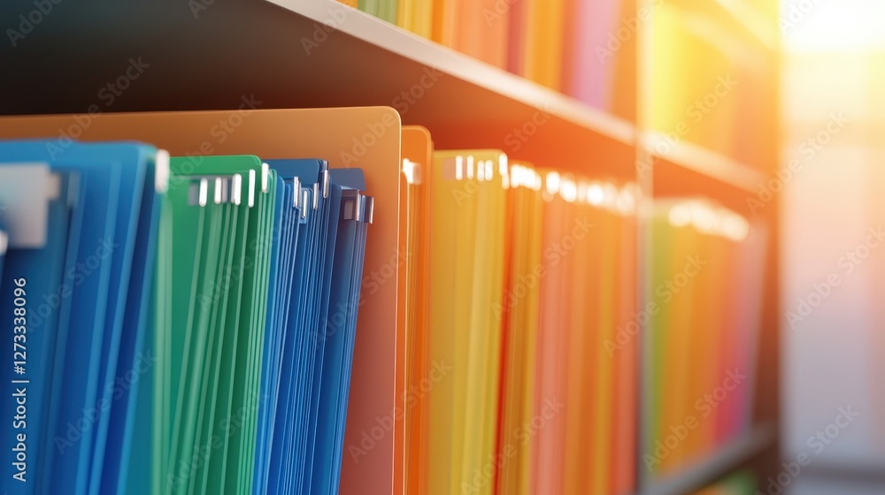 Poster a close-up view of colorful file folders organized on a shelf, illuminated by warm sunlight, creatin