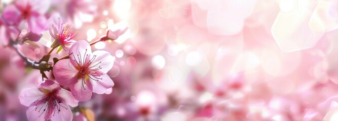 Obraz premium Pink cherry flowers on pink blurred backgrond. Amazing close-up of spring blossom. Perfect romantic lovely scene arousing happiness. Business advertisement materials. with copy space