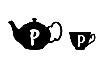 Teapot and tea cup retro tag with Latin letter P on white background