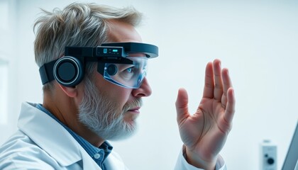 Medical AR interface. Healthcare professional using AR smart glasses with integrated audio while gesturing in clinical environment.