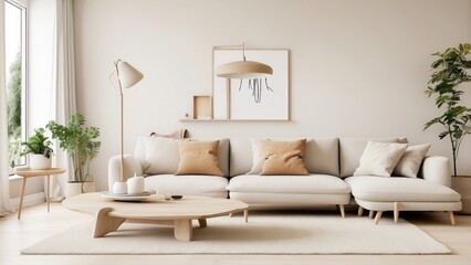Scandinavian-inspired living room interior design features light wood floors, white walls, a beige sofa, and minimalist furniture to create a pleasant and calm setting.