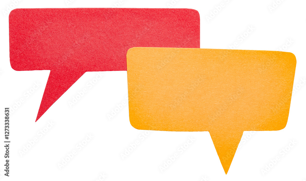 Poster orange red blank cut out cardboard paper speech bubbles with rough edges and copy space for text on 