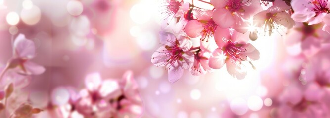 Pink cherry flowers on pink blurred backgrond. Amazing close-up of spring blossom. Perfect romantic lovely scene arousing happiness. Business advertisement materials. with copy space