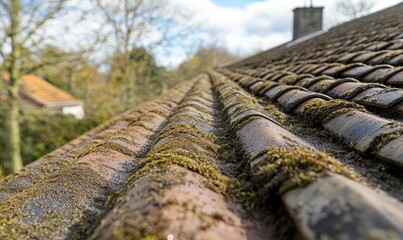 Mossy roof tiles perspective close-up shot.