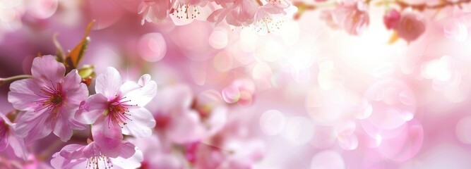 Obraz premium Pink cherry flowers on pink blurred backgrond. Amazing close-up of spring blossom. Perfect romantic lovely scene arousing happiness. Business advertisement materials. with copy space