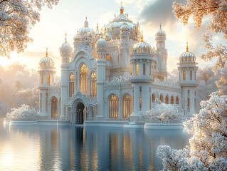 Obraz premium a stunning, white, ornate castle surrounded by water and lush, flower-filled trees. The castle's intricate architecture and the serene, sunlit surroundings create a magical and fantastical atmosphere