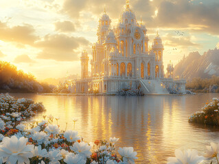 Fototapeta premium a stunning, white, ornate castle surrounded by water and lush, flower-filled trees. The castle's intricate architecture and the serene, sunlit surroundings create a magical and fantastical atmosphere