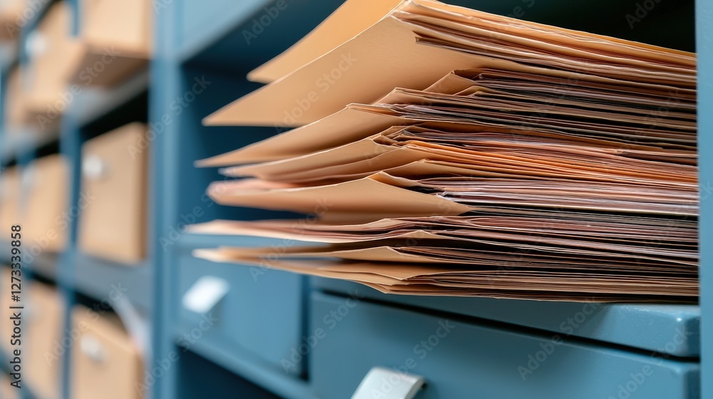 Poster a close-up of organized file folders in a cabinet, showcasing neatly stacked documents ready for acc
