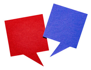 Red blue blank cut out cardboard paper speech bubbles with rough edges and copy space for text on...