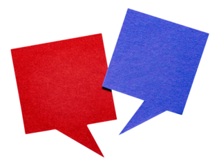 Red blue blank cut out cardboard paper speech bubbles with rough edges and copy space for text on transparent png background conversation discussion design element