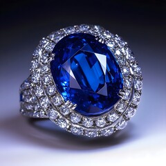 Luxurious ring featuring a large, oval-shaped blue gemstone surrounded by smaller clear diamonds, set in a silver band.