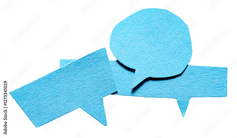 Poster blue blank cut out cardboard paper speech bubbles with rough edges and copy space for text on transp