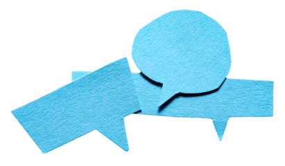 Blue blank cut out cardboard paper speech bubbles with rough edges and copy space for text on transparent png background conversation discussion design element