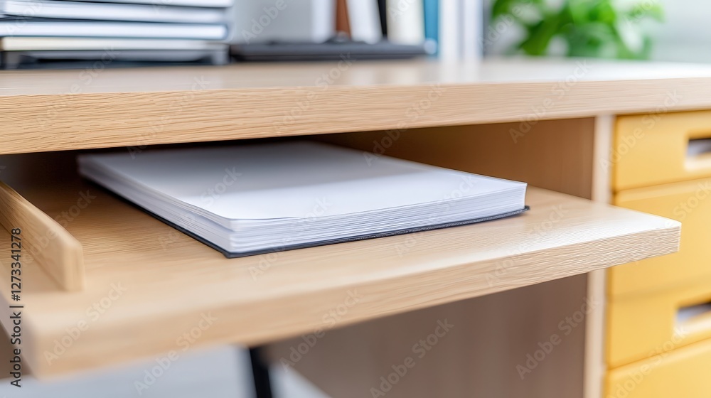 Poster a clean desk with a neatly placed notebook in a drawer, set in a bright office environment, surround