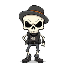 a skull emoji wearing a black hat, a black shirt with a white 