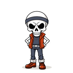 a skull emoji wearing a beanie, a red vest, and boots.
