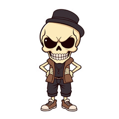 a skull emoji wearing a black hat, a brown vest, and black pants.