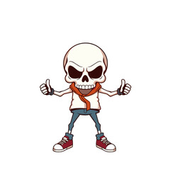 a Skull emoji wearing a stern expression, wearing a red scarf, blue pants, and red and white sneakers.