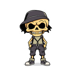 a skull wearing a hat, sunglasses, and casual clothing, with a menacing expression.