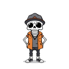 Skull emoji wearing a skull hat, orange vest, and sneakers.
