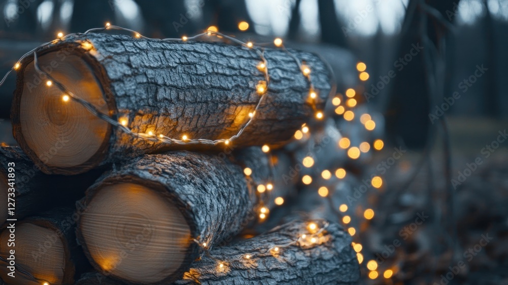 Poster Stacked logs wrapped with glowing string lights in nature