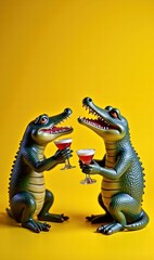Playful crocodile figurines clink glasses against a vibrant yellow background, perfect for adding a fun touch to party themes, event promotions, or quirky advertising.