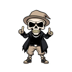 a skull emoji wearing a hat, giving a thumbs up gesture, and dressed in a black jacket and pants.