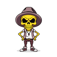 a skull emoji wearing a hat, a white shirt, and brown pants.