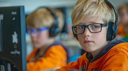 Young student engaged in e learning session with headphones and glasses in modern classroom