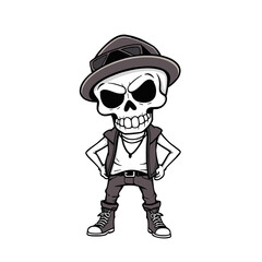 a skull wearing a hat, sunglasses, and a leather jacket, with a stern expression.