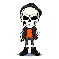 a skull emoji wearing a black hat, an orange shirt, and black boots.