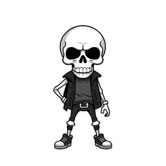 a skull emoji wearing a leather jacket, with a stern expression and a confident stance.