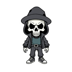 a skull wearing a black hat, hood, and jacket, with a stern expression and a belt around its waist.