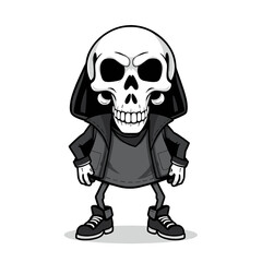Skull emoji wearing a hoodie, sneakers, and a skull-like face.
