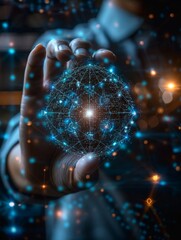 Digital analytics data visualization. Digital Globe, Orb in palm. Big data. Network connection. Artificial intelligence technology. Digital tech. Hand open, gesturing.	

